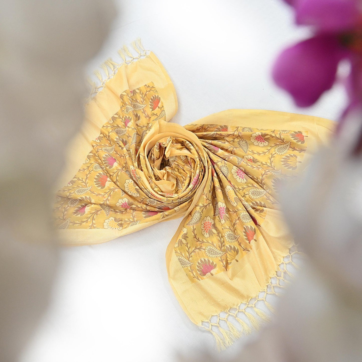 Indian Vintage Yellow Dupatta Long Stole Artificial Silk hand Woven Scarves Veil Scarf Wrap Hippie Boho Soft Floral Fringes