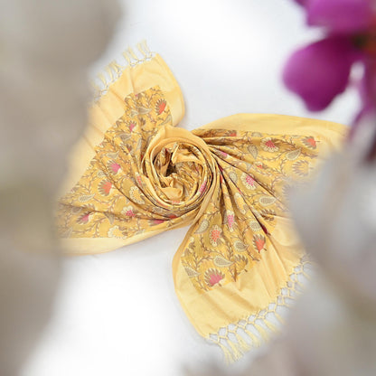 Indian Vintage Yellow Dupatta Long Stole Artificial Silk hand Woven Scarves Veil Scarf Wrap Hippie Boho Soft Floral Fringes