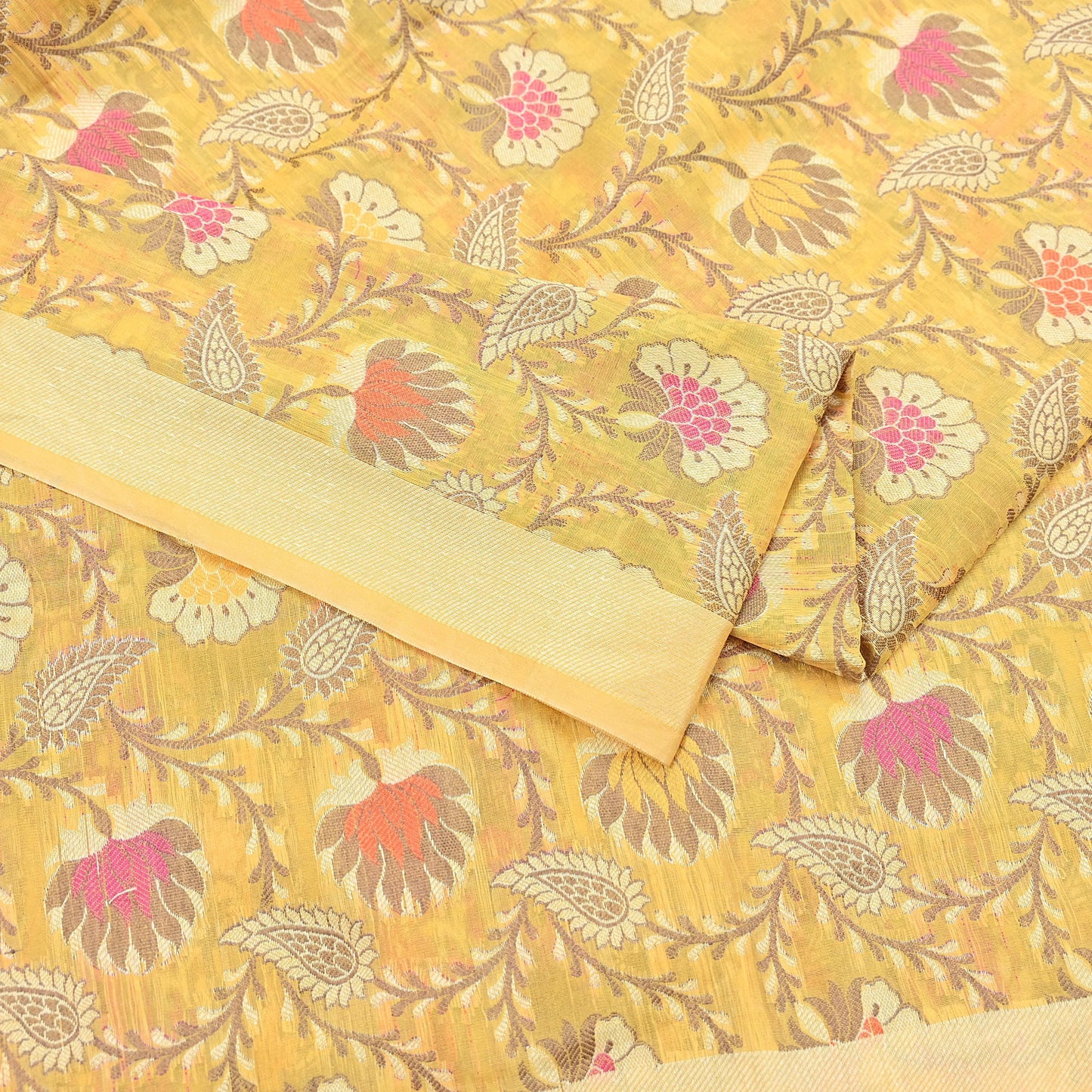 Indian Vintage Yellow Dupatta Long Stole Artificial Silk hand Woven Scarves Veil Scarf Wrap Hippie Boho Soft Floral Fringes