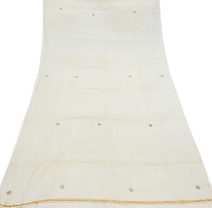 Indian Vintage White Dupatta Long Stole Embroidered Pure Cotton Scarves Veil Golden Zari Soft Fringes