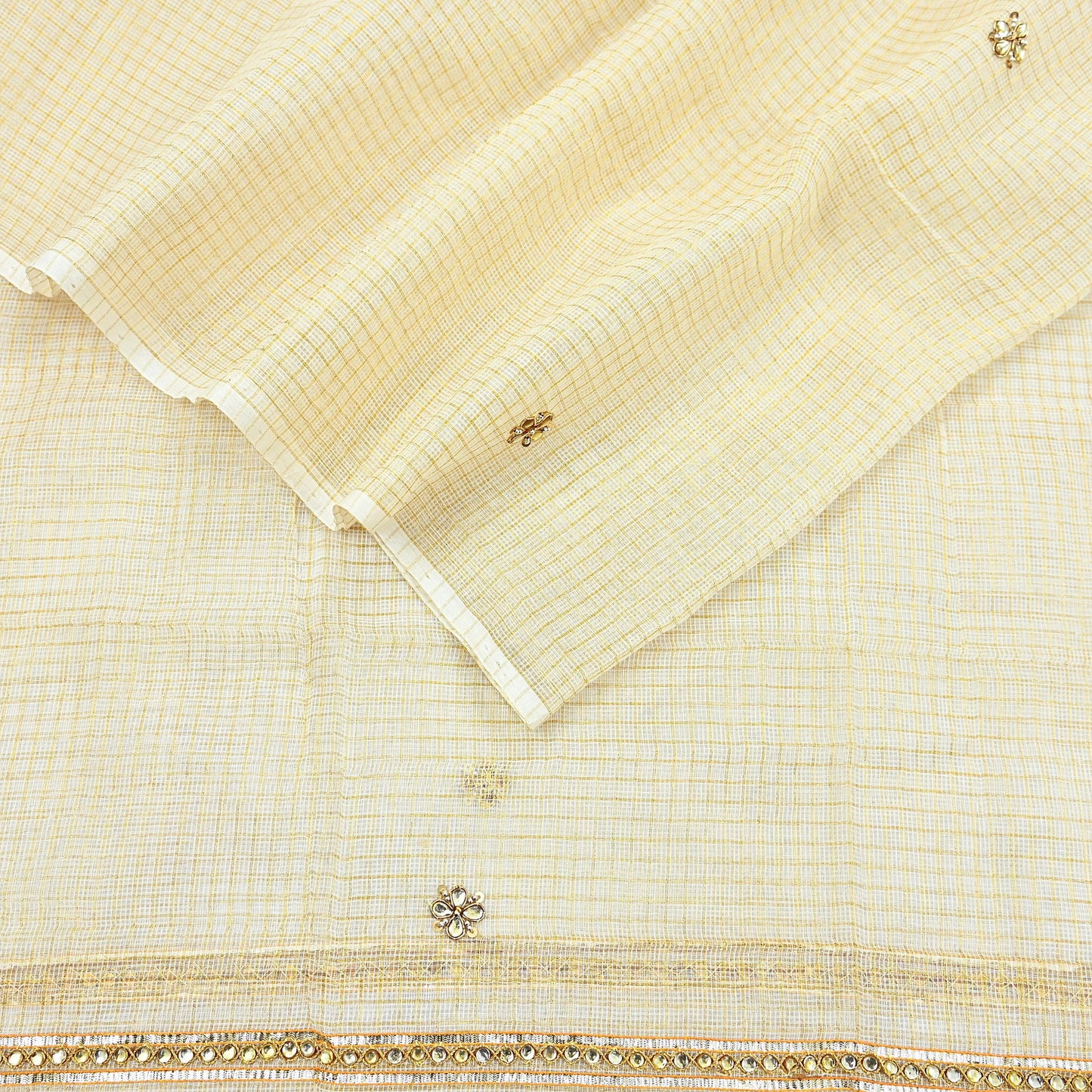 Indian Vintage White Dupatta Long Stole Embroidered Pure Cotton Scarves Veil Golden Zari Soft Fringes