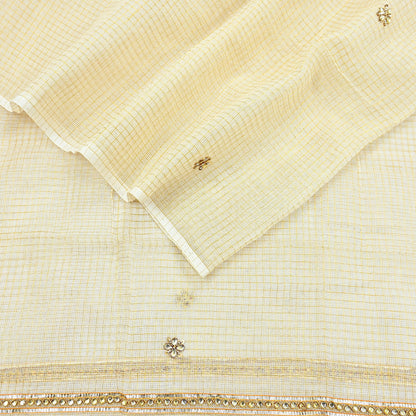 Indian Vintage White Dupatta Long Stole Embroidered Pure Cotton Scarves Veil Golden Zari Soft Fringes