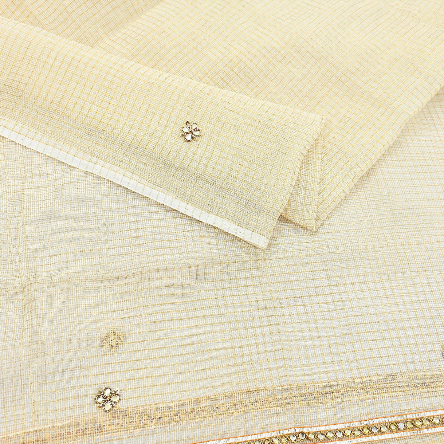 Indian Vintage White Dupatta Long Stole Embroidered Pure Cotton Scarves Veil Golden Zari Soft Fringes