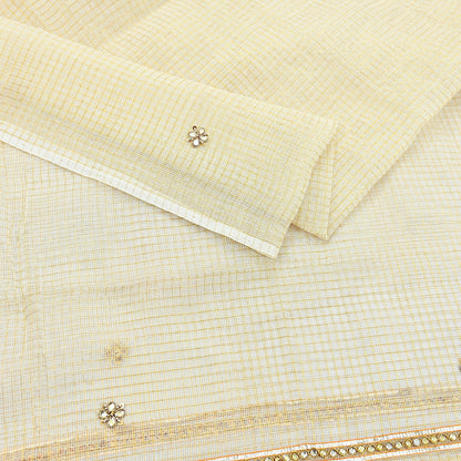 Indian Vintage White Dupatta Long Stole Embroidered Pure Cotton Scarves Veil Golden Zari Soft Fringes