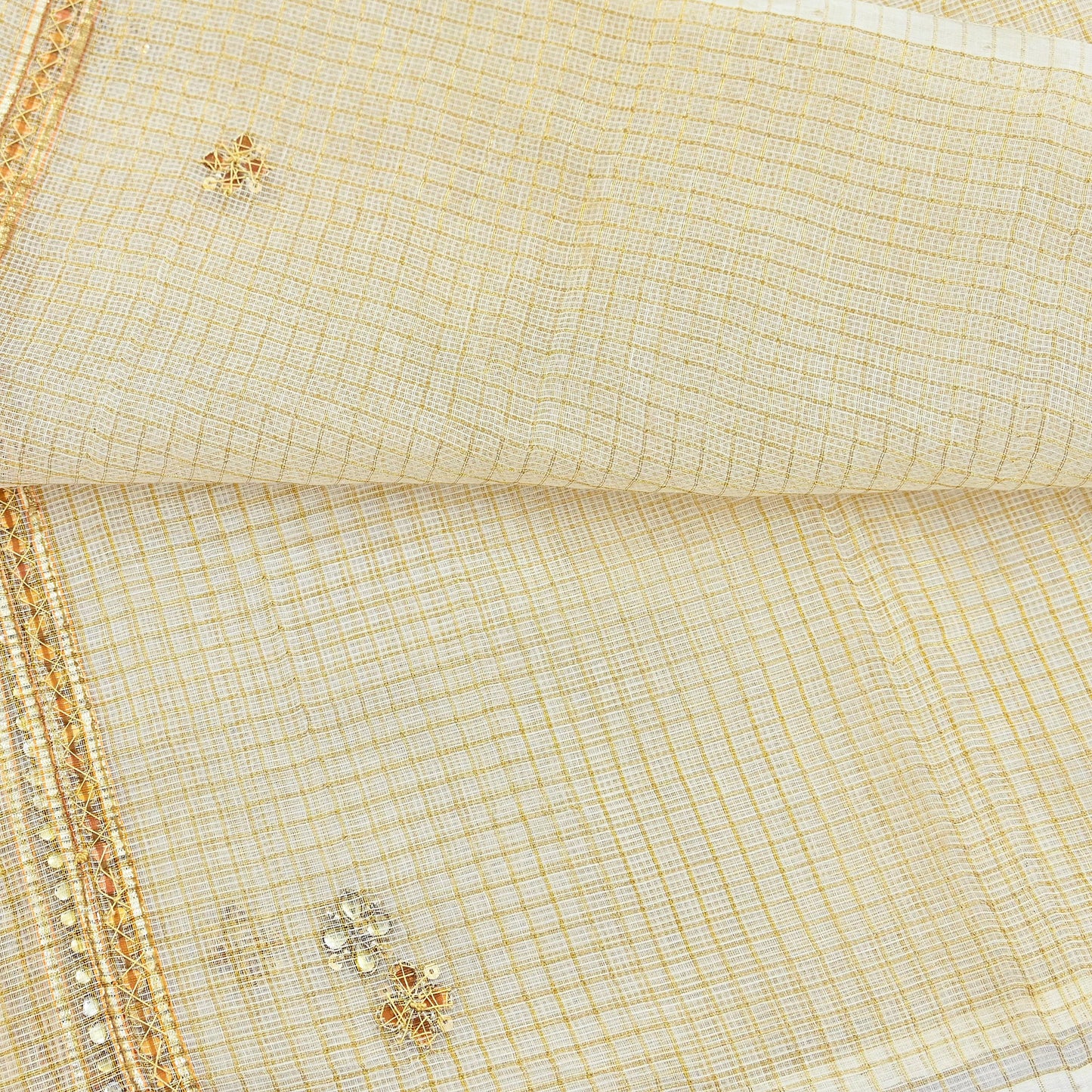 Indian Vintage White Dupatta Long Stole Embroidered Pure Cotton Scarves Veil Golden Zari Soft Fringes