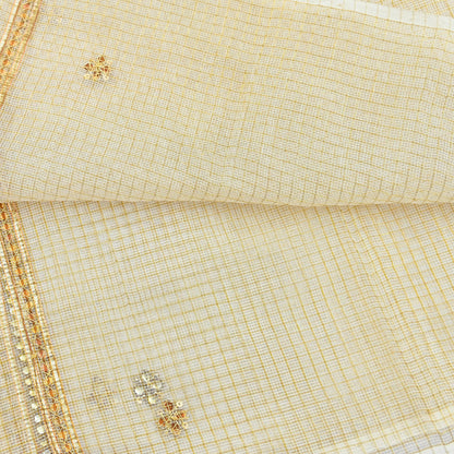 Indian Vintage White Dupatta Long Stole Embroidered Pure Cotton Scarves Veil Golden Zari Soft Fringes