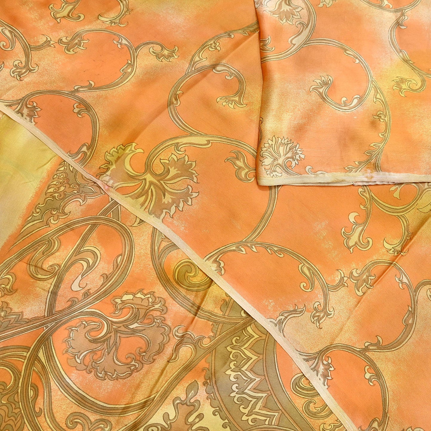Indian Vintage Sari Orange & green Printed 100% Pure Satin Silk Sarees 5yd Sewing Craft Fabric Dress Making Wrap Upcycle Quilting Crafting