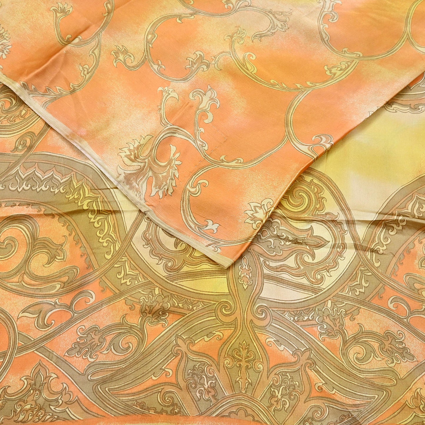 Indian Vintage Sari Orange & green Printed 100% Pure Satin Silk Sarees 5yd Sewing Craft Fabric Dress Making Wrap Upcycle Quilting Crafting