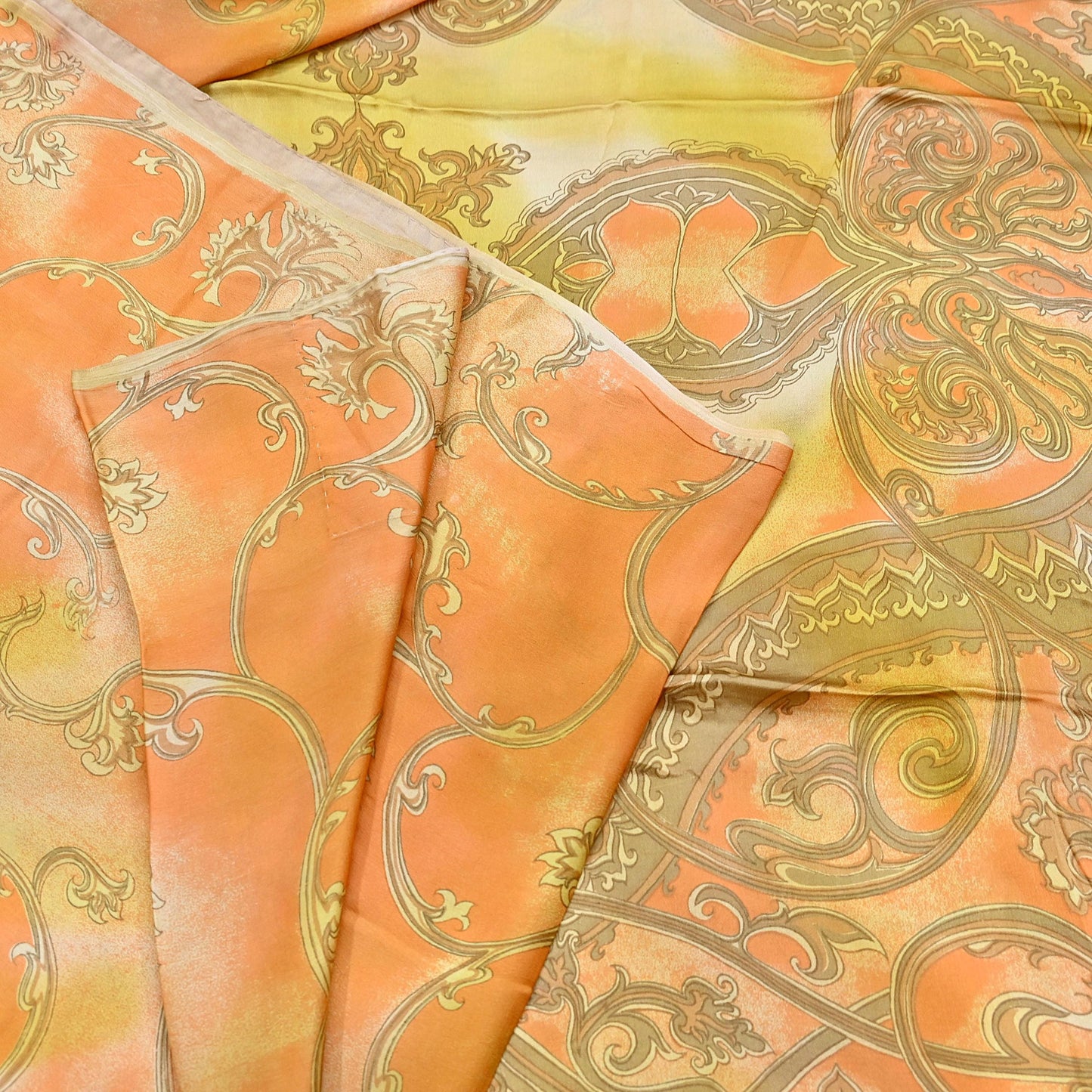 Indian Vintage Sari Orange & green Printed 100% Pure Satin Silk Sarees 5yd Sewing Craft Fabric Dress Making Wrap Upcycle Quilting Crafting