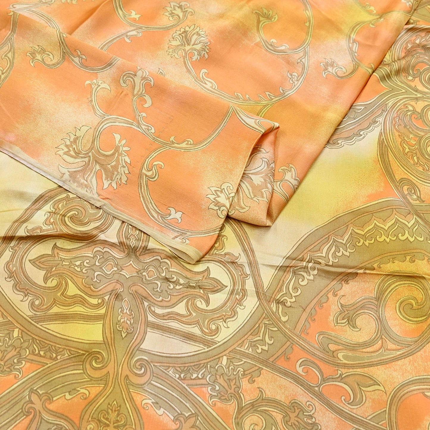 Indian Vintage Sari Orange & green Printed 100% Pure Satin Silk Sarees 5yd Sewing Craft Fabric Dress Making Wrap Upcycle Quilting Crafting