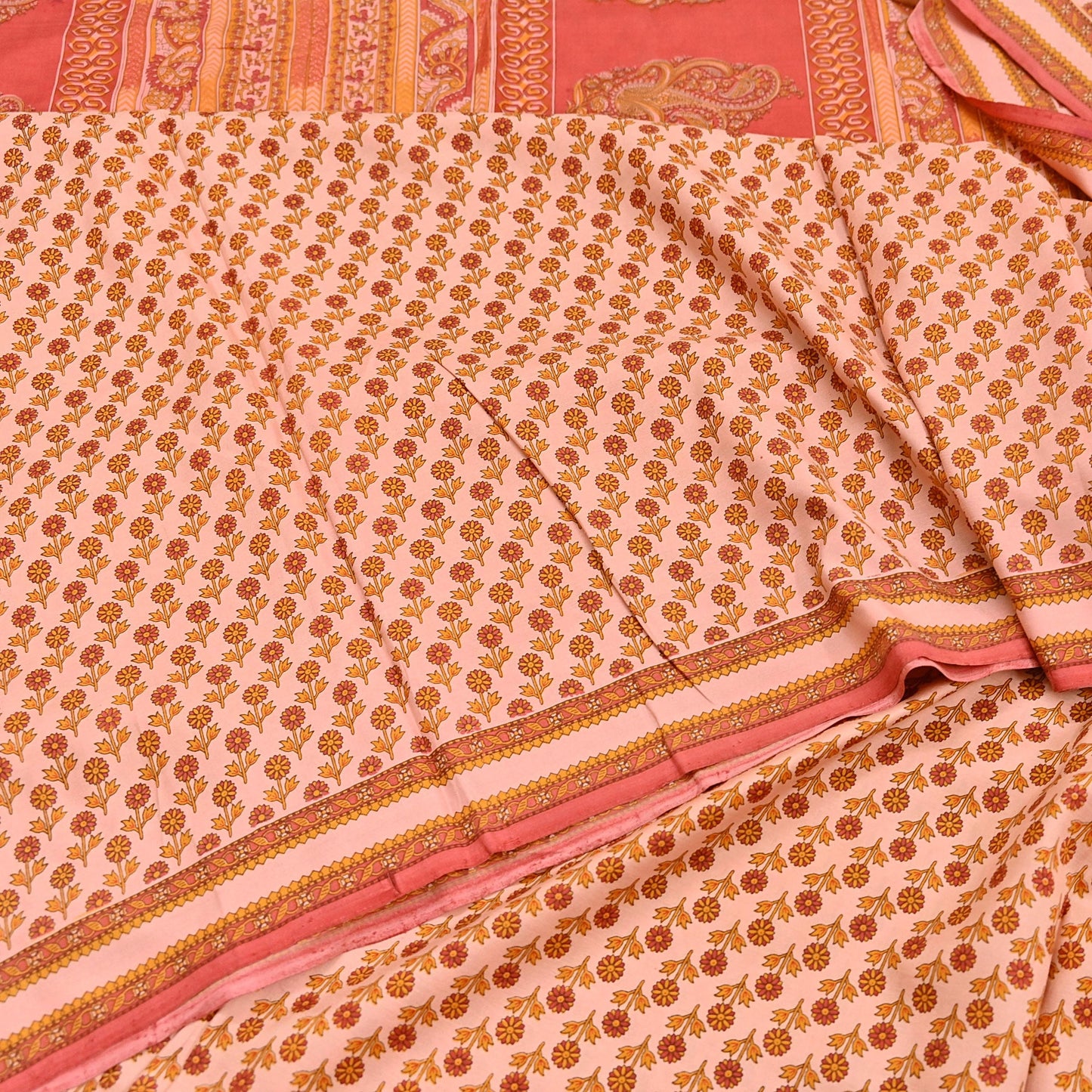 Indian Vintage Peach & Red Pure Silk Printed Saree 5 Yards Soft Floral Fabric for Dressmaking, Quilting, Crafting, Sewing Upcycling