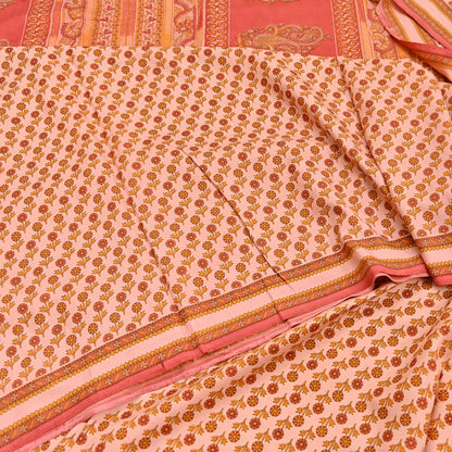 Indian Vintage Peach & Red Pure Silk Printed Saree 5 Yards Soft Floral Fabric for Dressmaking, Quilting, Crafting, Sewing Upcycling