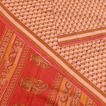 Indian Vintage Peach & Red Pure Silk Printed Saree 5 Yards Soft Floral Fabric for Dressmaking, Quilting, Crafting, Sewing Upcycling