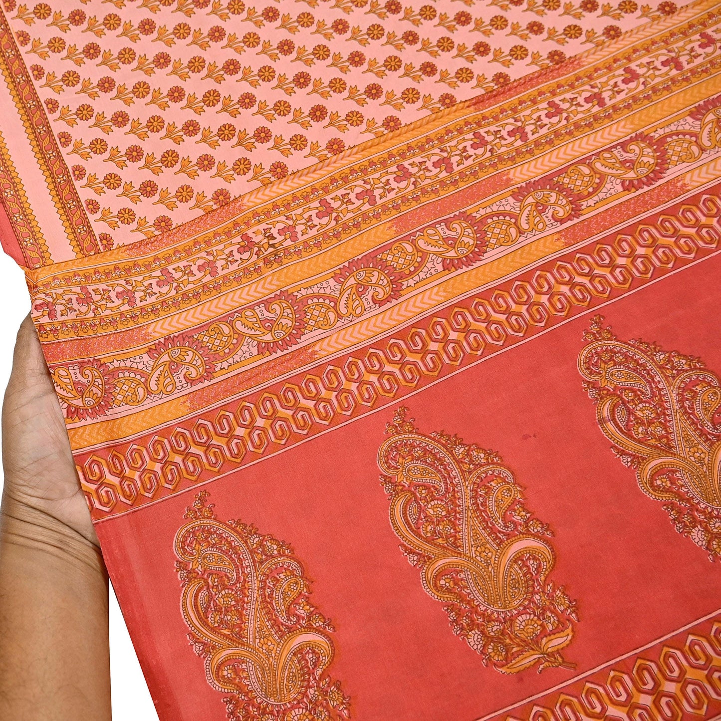 Indian Vintage Peach & Red Pure Silk Printed Saree 5 Yards Soft Floral Fabric for Dressmaking, Quilting, Crafting, Sewing Upcycling