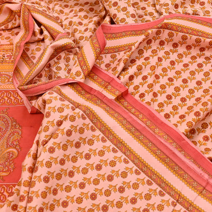 Indian Vintage Peach & Red Pure Silk Printed Saree 5 Yards Soft Floral Fabric for Dressmaking, Quilting, Crafting, Sewing Upcycling