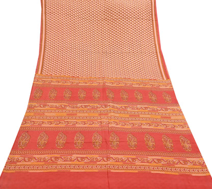 Indian Vintage Peach & Red Pure Silk Printed Saree 5 Yards Soft Floral Fabric for Dressmaking, Quilting, Crafting, Sewing Upcycling