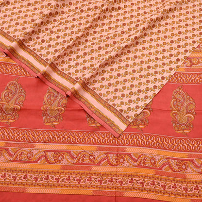 Indian Vintage Peach & Red Pure Silk Printed Saree 5 Yards Soft Floral Fabric for Dressmaking, Quilting, Crafting, Sewing Upcycling