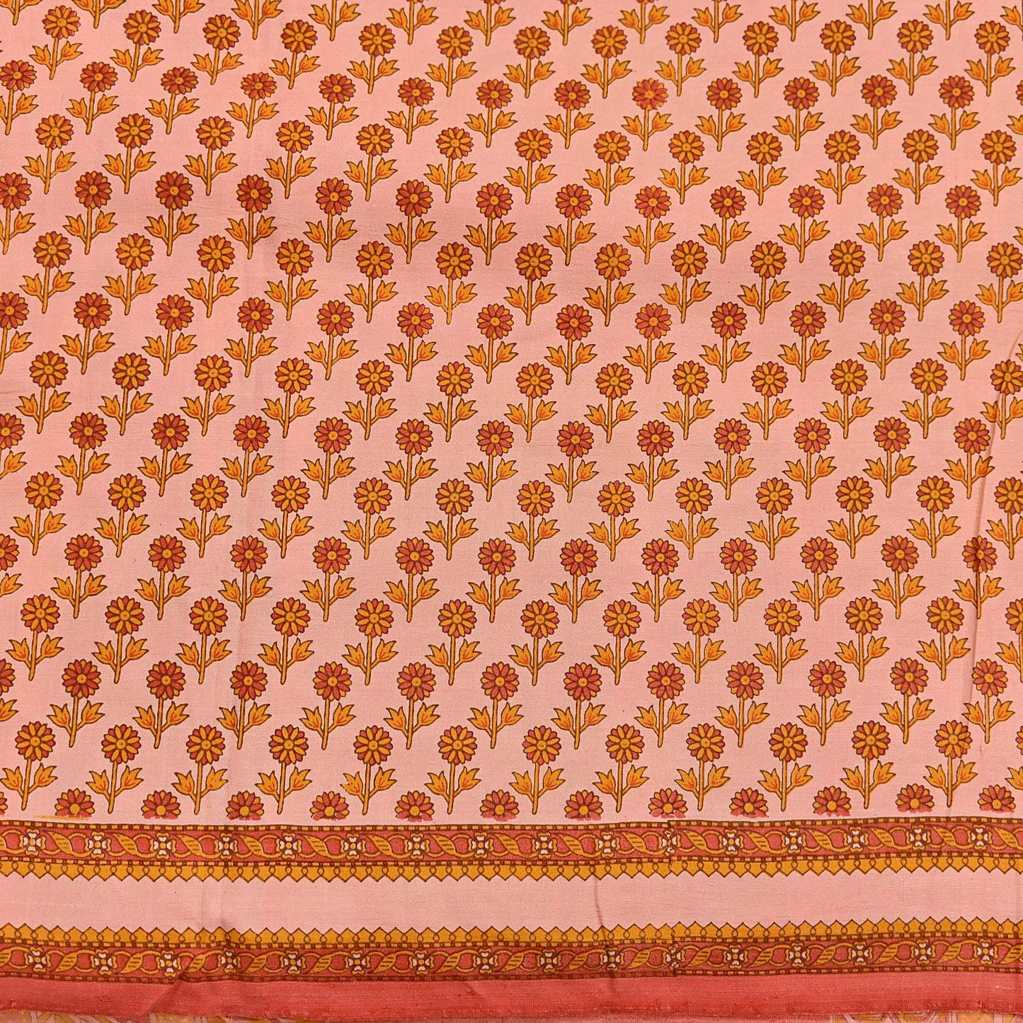 Indian Vintage Peach & Red Pure Silk Printed Saree 5 Yards Soft Floral Fabric for Dressmaking, Quilting, Crafting, Sewing Upcycling