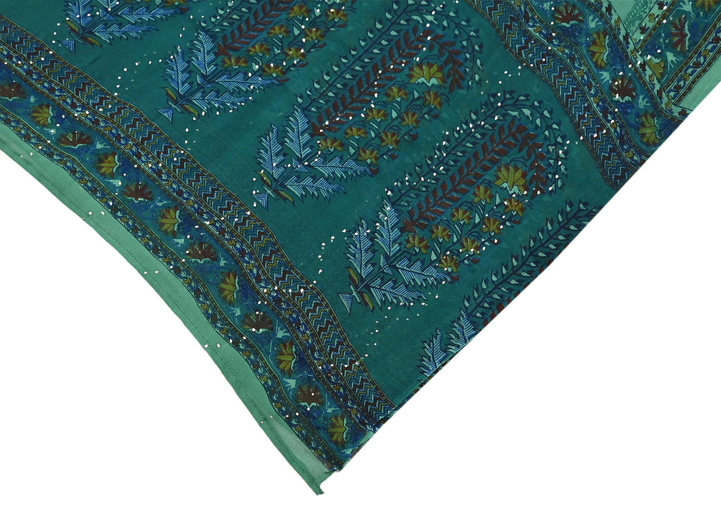 Indian Vintage Green Dupatta Pure Georgette silk Long Stole Printed Hand Embroidered Mukesh work Scarves Sequins Stole Zardozi/dabka