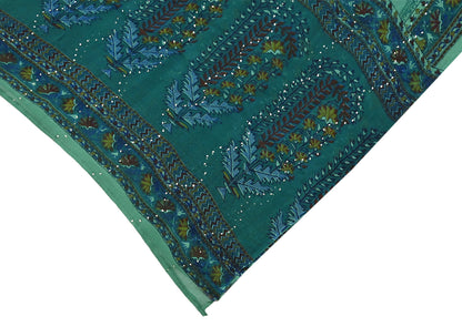 Indian Vintage Green Dupatta Pure Georgette silk Long Stole Printed Hand Embroidered Mukesh work Scarves Sequins Stole Zardozi/dabka