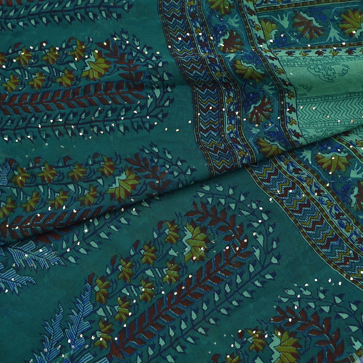 Indian Vintage Green Dupatta Pure Georgette silk Long Stole Printed Hand Embroidered Mukesh work Scarves Sequins Stole Zardozi/dabka