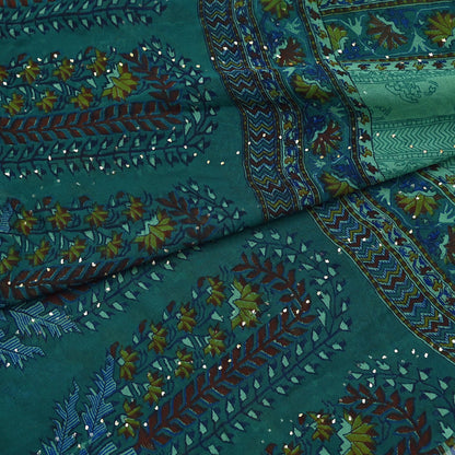 Indian Vintage Green Dupatta Pure Georgette silk Long Stole Printed Hand Embroidered Mukesh work Scarves Sequins Stole Zardozi/dabka