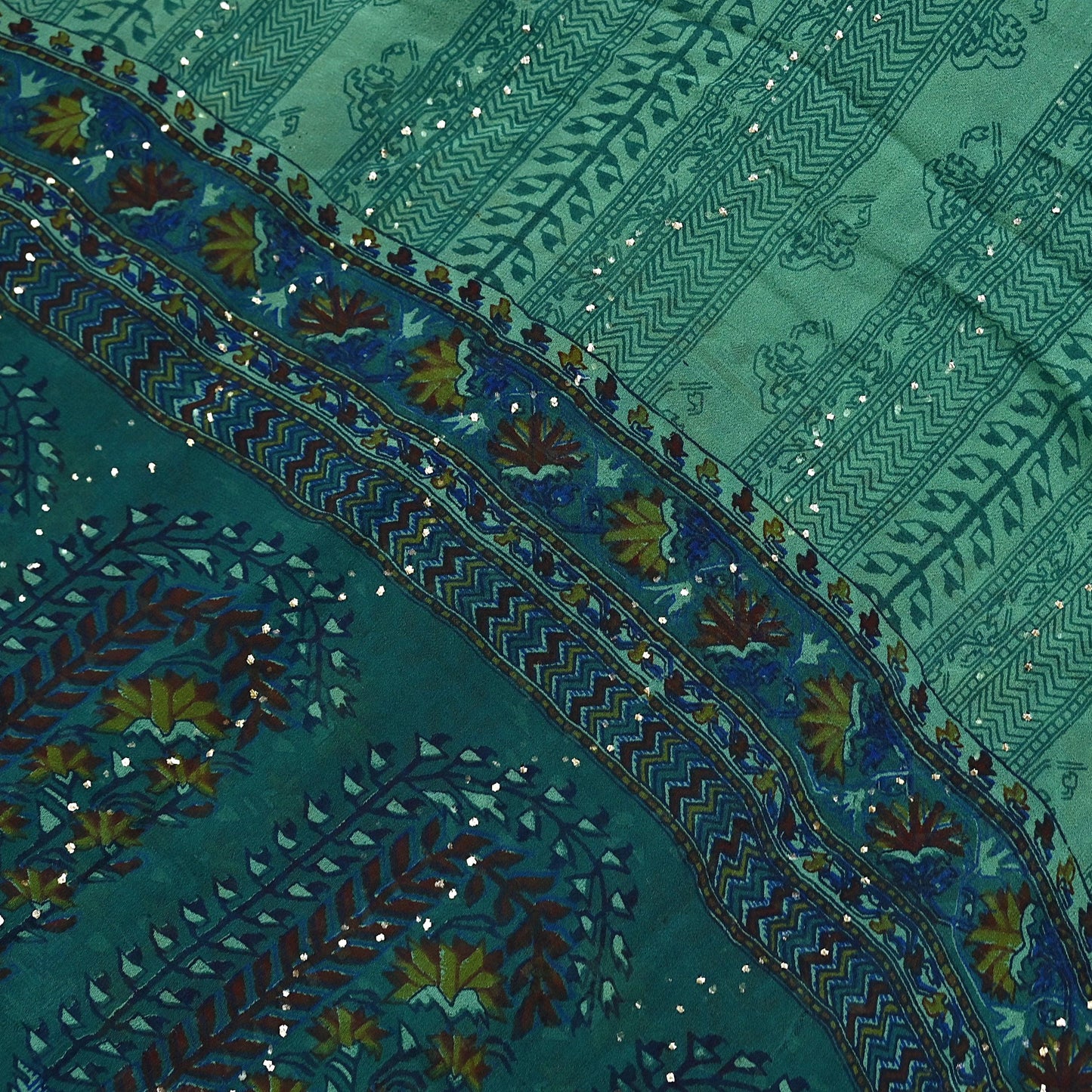 Indian Vintage Green Dupatta Pure Georgette silk Long Stole Printed Hand Embroidered Mukesh work Scarves Sequins Stole Zardozi/dabka