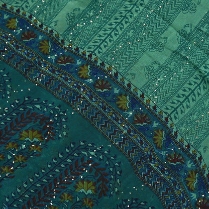 Indian Vintage Green Dupatta Pure Georgette silk Long Stole Printed Hand Embroidered Mukesh work Scarves Sequins Stole Zardozi/dabka