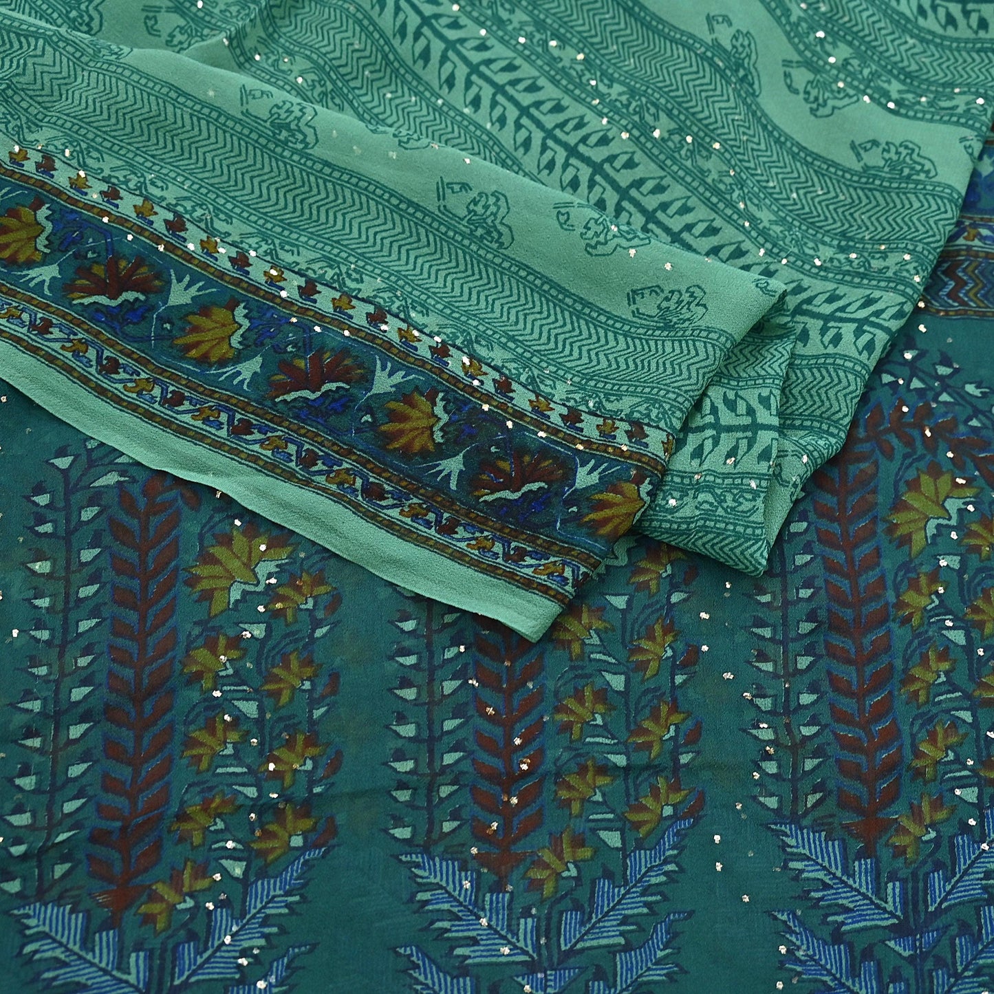 Indian Vintage Green Dupatta Pure Georgette silk Long Stole Printed Hand Embroidered Mukesh work Scarves Sequins Stole Zardozi/dabka