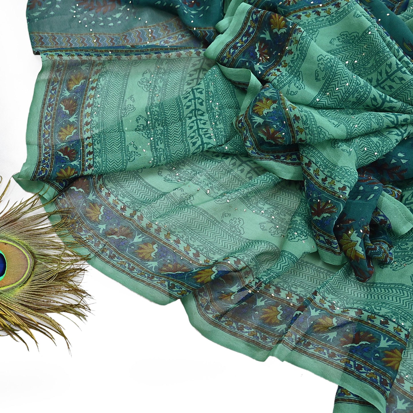 Indian Vintage Green Dupatta Pure Georgette silk Long Stole Printed Hand Embroidered Mukesh work Scarves Sequins Stole Zardozi/dabka