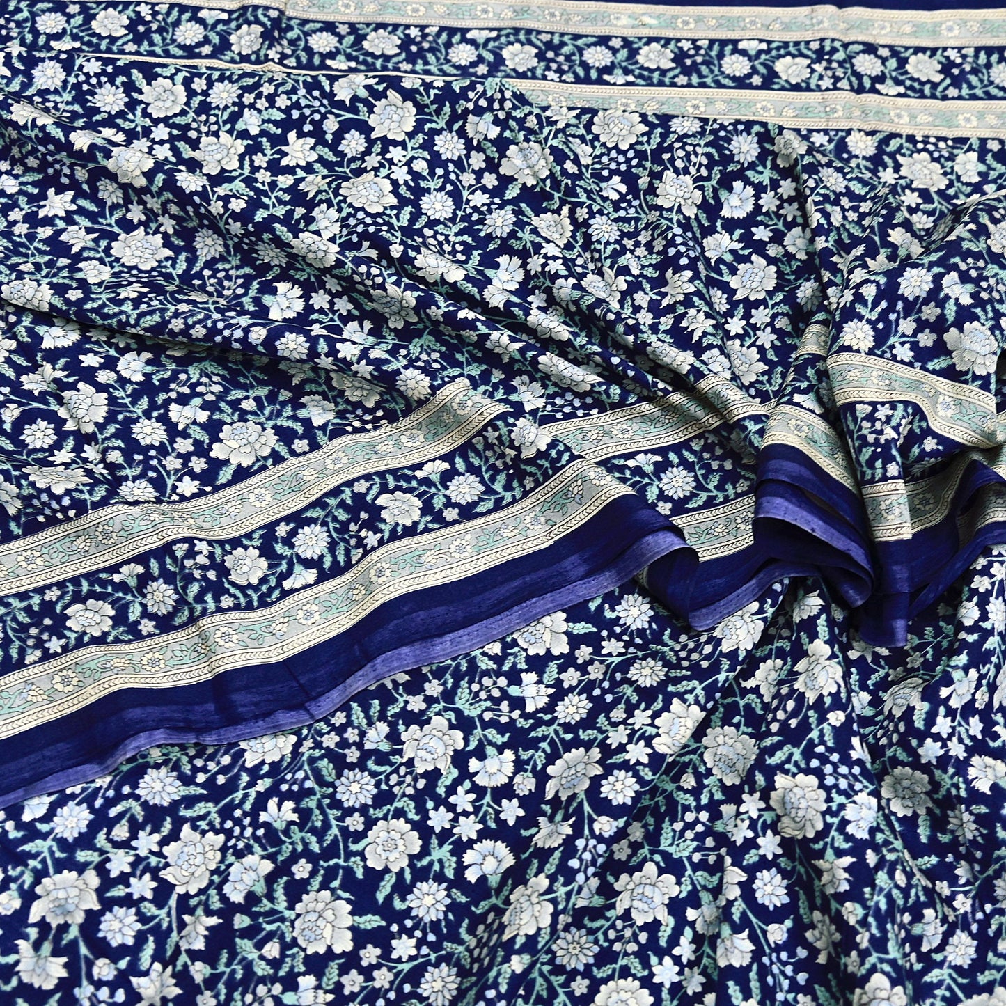 Indian Vintage Sari Blue 100% Pure Silk Printed Saree Craft Fabric 6yd Sewing Dress Making Soft Wrap Quilting Crafting Upcycle