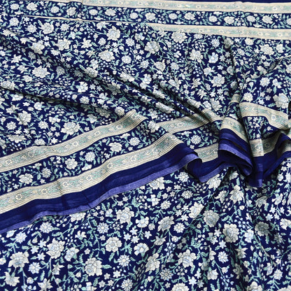 Indian Vintage Sari Blue 100% Pure Silk Printed Saree Craft Fabric 6yd Sewing Dress Making Soft Wrap Quilting Crafting Upcycle