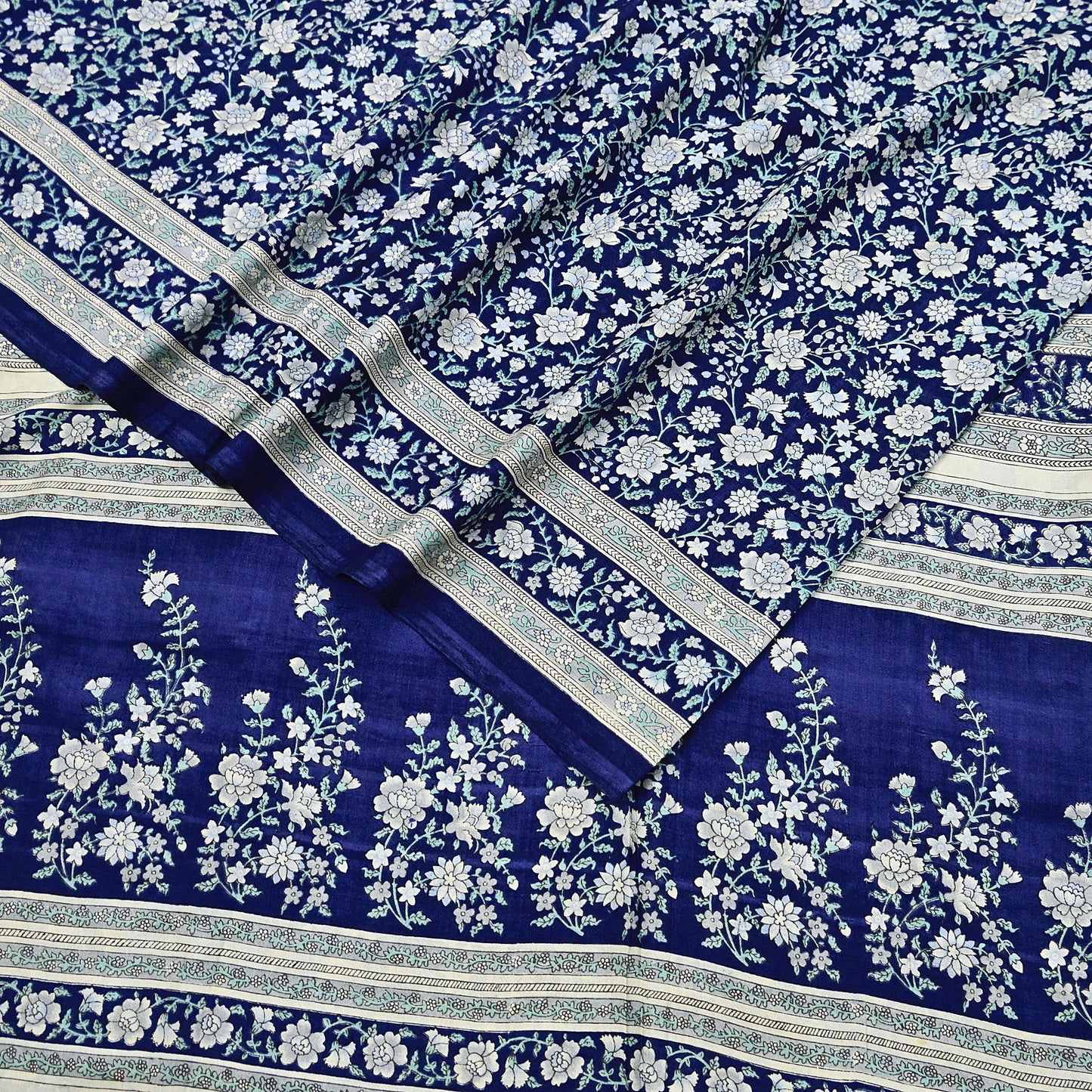 Indian Vintage Sari Blue 100% Pure Silk Printed Saree Craft Fabric 6yd Sewing Dress Making Soft Wrap Quilting Crafting Upcycle