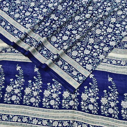 Indian Vintage Sari Blue 100% Pure Silk Printed Saree Craft Fabric 6yd Sewing Dress Making Soft Wrap Quilting Crafting Upcycle