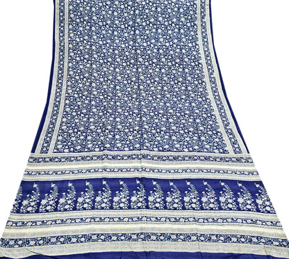 Indian Vintage Sari Blue 100% Pure Silk Printed Saree Craft Fabric 6yd Sewing Dress Making Soft Wrap Quilting Crafting Upcycle