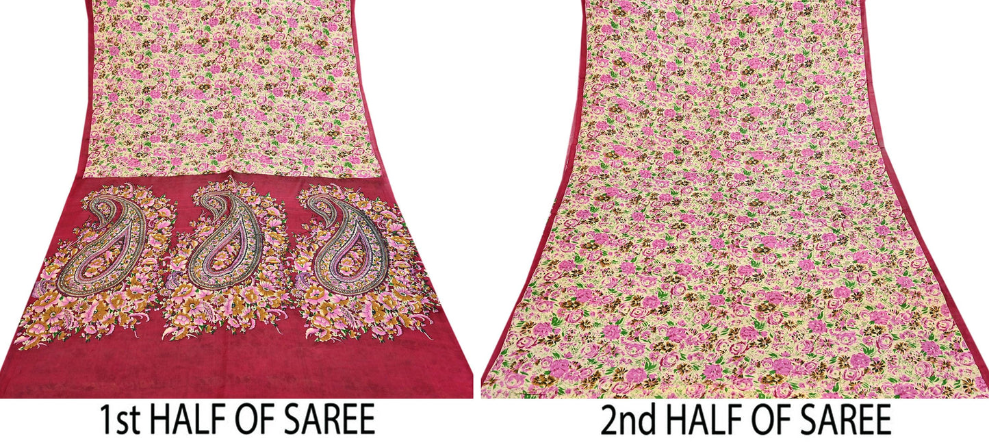 Indian Vintage Sari yellow & red 100% Pure Silk Printed Sarees 6yd Craft Fabric Sewing Soft Dress Making Floral Quilting Crafting Upcycle