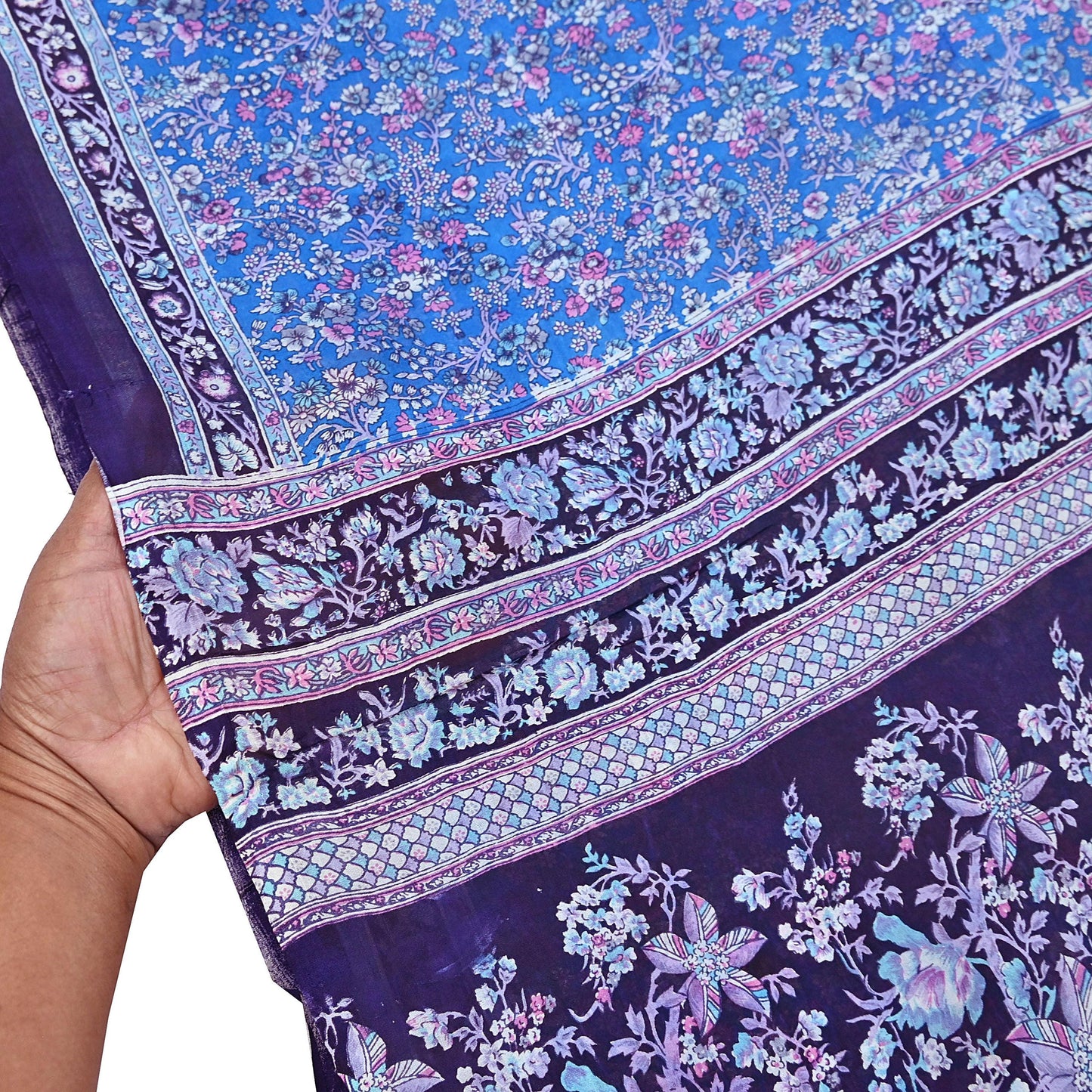 Indian Vintage Sari Blue 100% Pure Silk Printed Saree Craft Fabric 6yd Sewing Dress Making Soft Wrap Quilting Crafting Upcycle