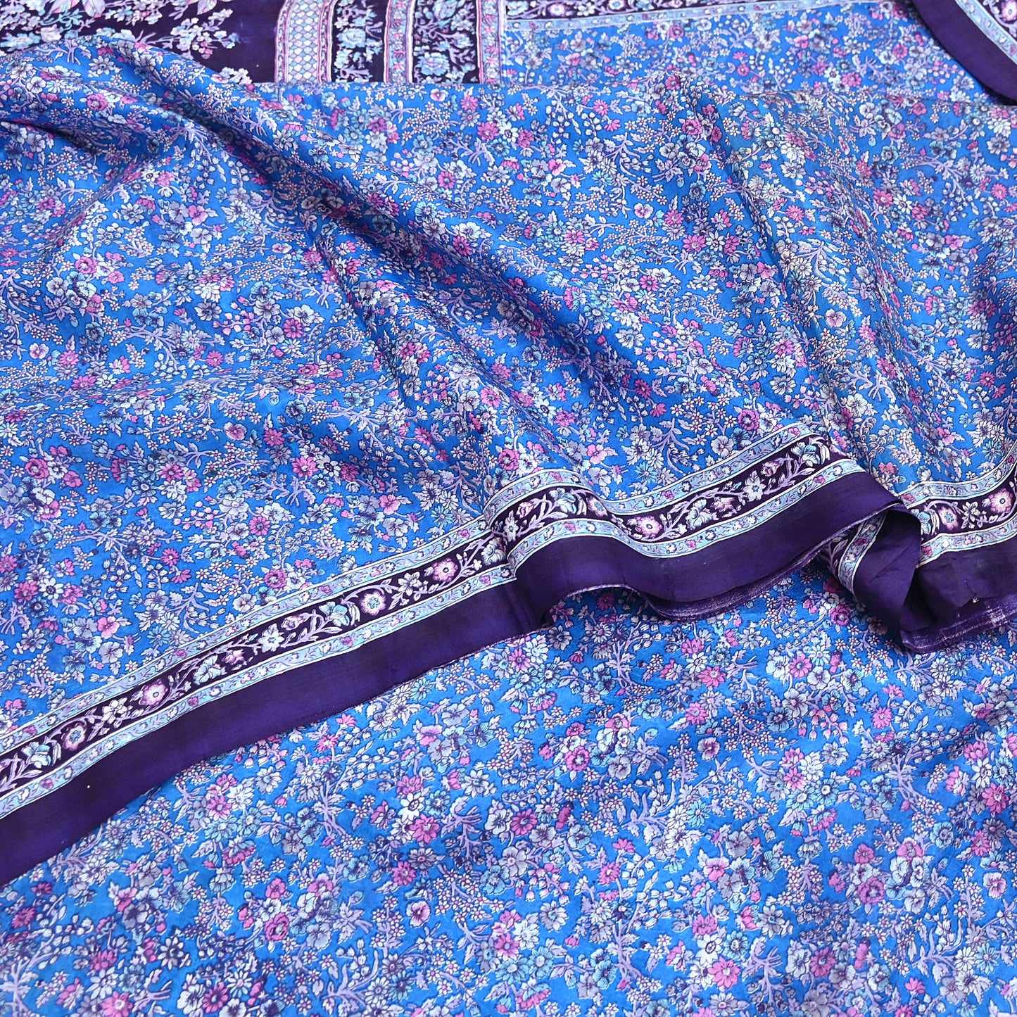 Indian Vintage Sari Blue 100% Pure Silk Printed Saree Craft Fabric 6yd Sewing Dress Making Soft Wrap Quilting Crafting Upcycle