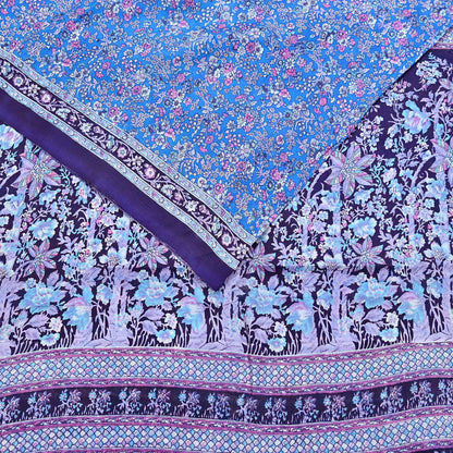 Indian Vintage Sari Blue 100% Pure Silk Printed Saree Craft Fabric 6yd Sewing Dress Making Soft Wrap Quilting Crafting Upcycle