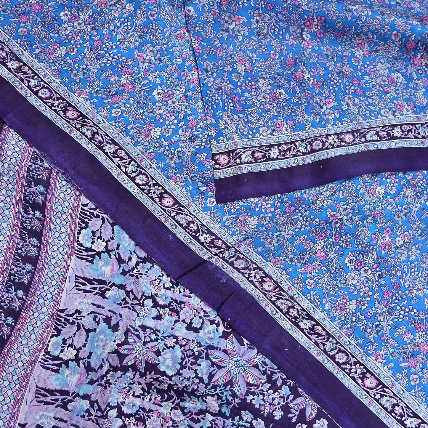 Indian Vintage Sari Blue 100% Pure Silk Printed Saree Craft Fabric 6yd Sewing Dress Making Soft Wrap Quilting Crafting Upcycle