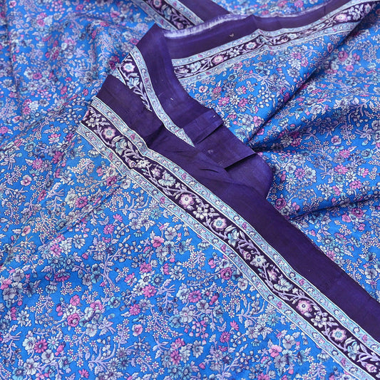 Indian Vintage Sari Blue 100% Pure Silk Printed Saree Craft Fabric 6yd Sewing Dress Making Soft Wrap Quilting Crafting Upcycle
