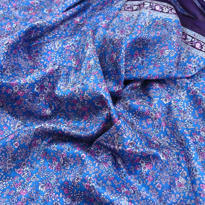 Indian Vintage Sari Blue 100% Pure Silk Printed Saree Craft Fabric 6yd Sewing Dress Making Soft Wrap Quilting Crafting Upcycle
