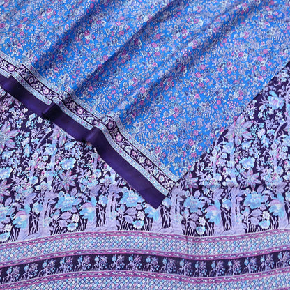 Indian Vintage Sari Blue 100% Pure Silk Printed Saree Craft Fabric 6yd Sewing Dress Making Soft Wrap Quilting Crafting Upcycle