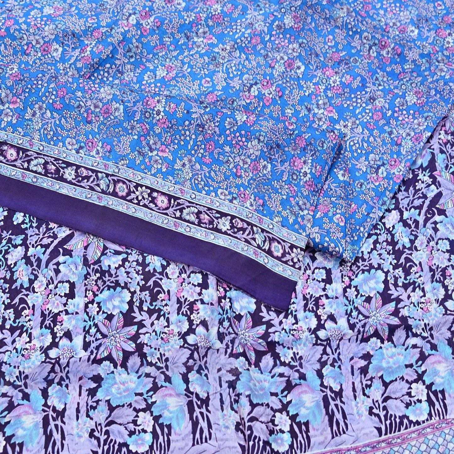 Indian Vintage Sari Blue 100% Pure Silk Printed Saree Craft Fabric 6yd Sewing Dress Making Soft Wrap Quilting Crafting Upcycle