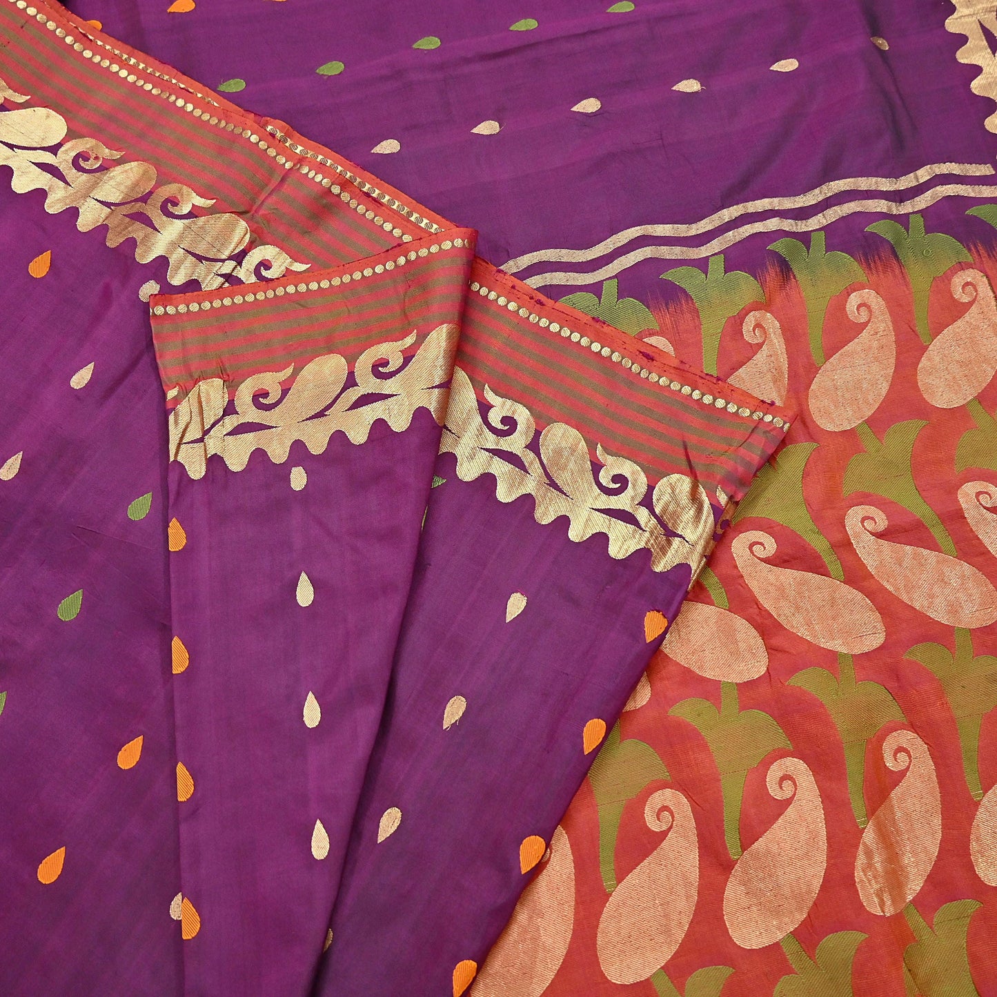 Indian Vintage Heavy Sari Purple & Orange Hand Woven Sarees 100% Pure Silk Zari 5Yd Floral with Blouse fabric