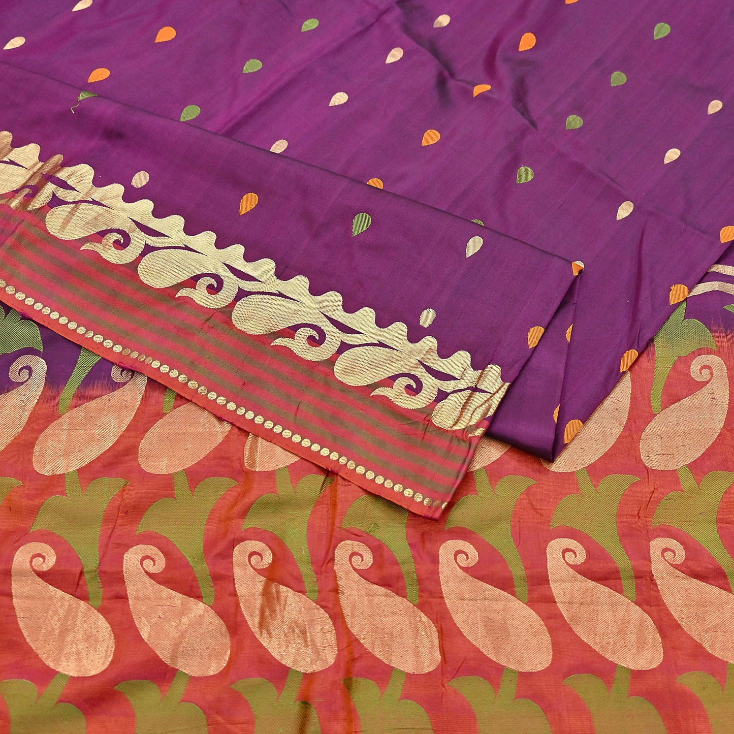 Indian Vintage Heavy Sari Purple & Orange Hand Woven Sarees 100% Pure Silk Zari 5Yd Floral with Blouse fabric