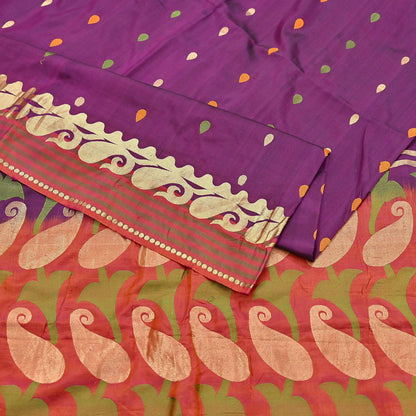 Indian Vintage Heavy Sari Purple & Orange Hand Woven Sarees 100% Pure Silk Zari 5Yd Floral with Blouse fabric