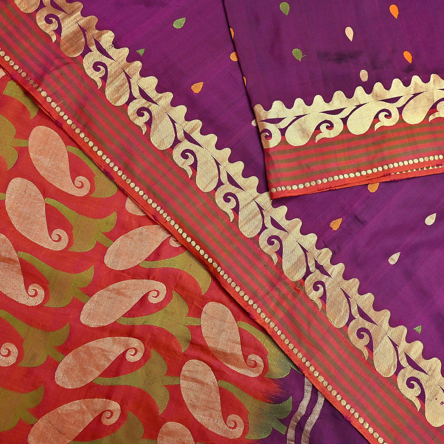 Indian Vintage Heavy Sari Purple & Orange Hand Woven Sarees 100% Pure Silk Zari 5Yd Floral with Blouse fabric