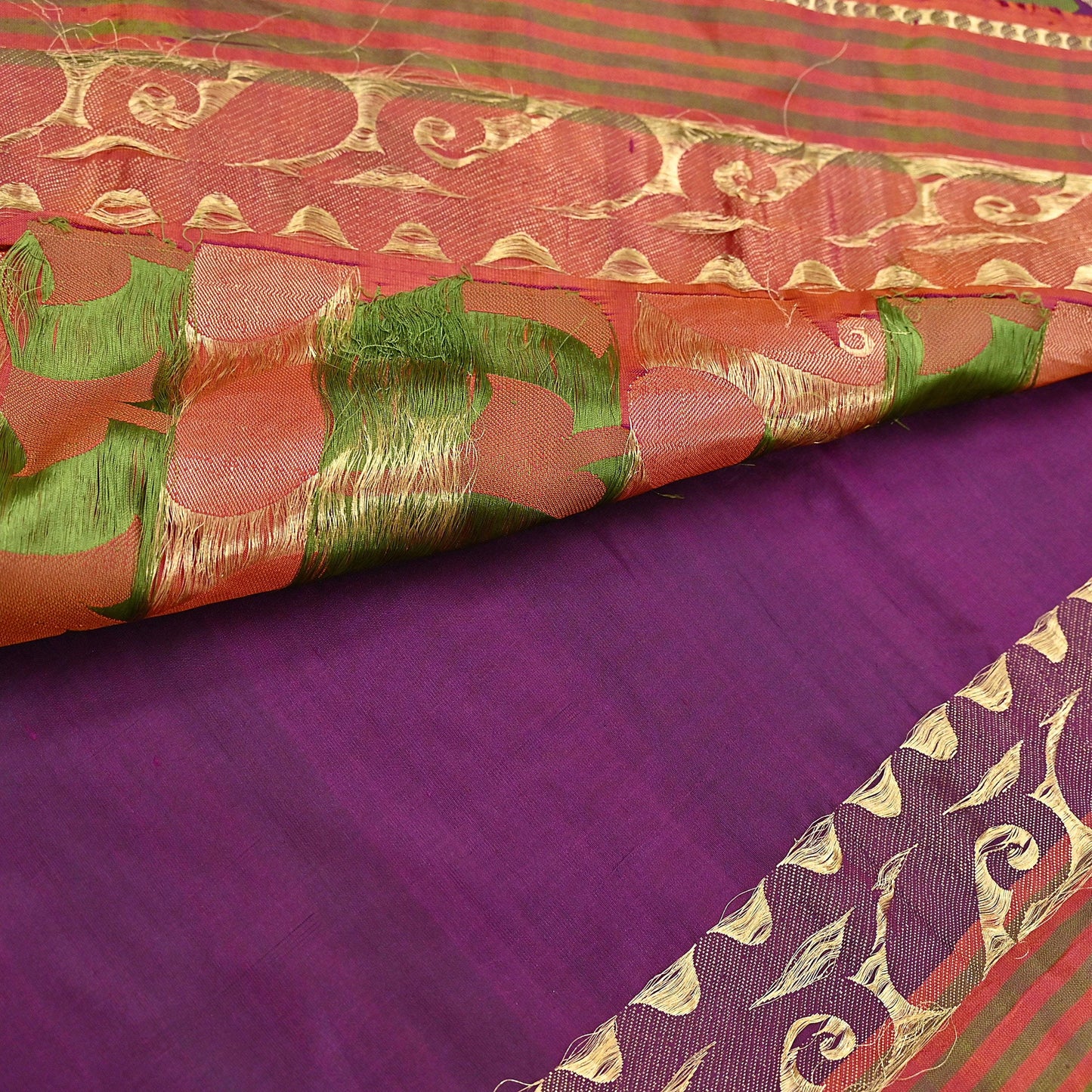 Indian Vintage Heavy Sari Purple & Orange Hand Woven Sarees 100% Pure Silk Zari 5Yd Floral with Blouse fabric