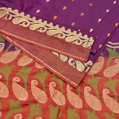 Indian Vintage Heavy Sari Purple & Orange Hand Woven Sarees 100% Pure Silk Zari 5Yd Floral with Blouse fabric